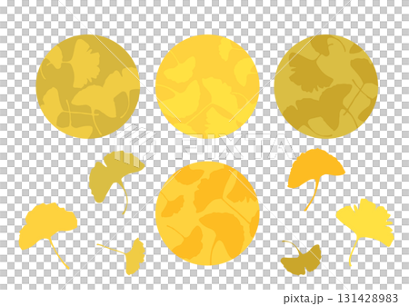 一組簡單的框架插圖，圓形背景材料散佈著黃色銀杏樹的輪廓 131428983