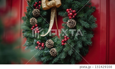 Festive Christmas wreath with pinecones, red berries, and golden bow hanging on a red wooden door 131429108