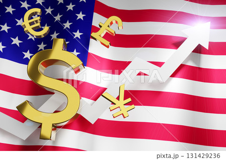 USD US Dollar Currency with United State of America National Flag Money Exchange Rate Grow Rising Up Business Financial concept, 3D Rendering. 131429236