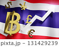 THB Thailand Baht Currency with Thai National Flag Money Exchange Rate Grow Rising Up Business Financial concept, 3D Rendering. 131429239