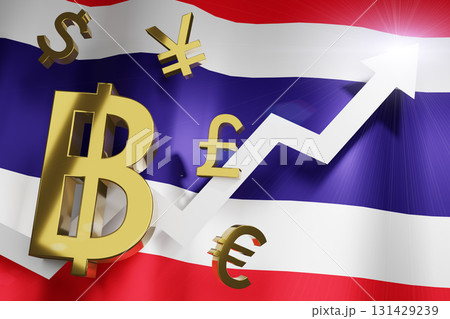 THB Thailand Baht Currency with Thai National Flag Money Exchange Rate Grow Rising Up Business Financial concept, 3D Rendering. THB Thailand Baht Currency with Thai National Flag Money Exchange Rate Grow Rising Up Business Financial concept, 3D Rendering. 131429239