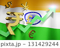 INR Indian Rupee Currency with India National Flag Money Exchange Rate Grow Rising Up Business Financial concept, 3D Rendering. 131429244