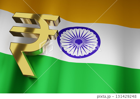 INR Indian Rupee India Currency Sign on India National Flag for Business Financial Background, 3D Rendering. 131429248