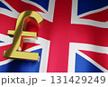 Golden British Money currency Sign for Business with United Kingdom Flag Financial background, 3D Rendering with copy space. 131429249
