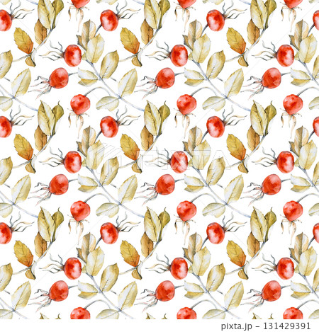 Watercolor seamless pattern with dry autumn leaves and rosehip fruits. Botanical illustration on a white background. Seamless background with yellow leaves and red berries for wallpaper, textiles 131429391