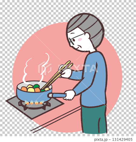 一位老人用瓦斯煮飯的插圖 131429405