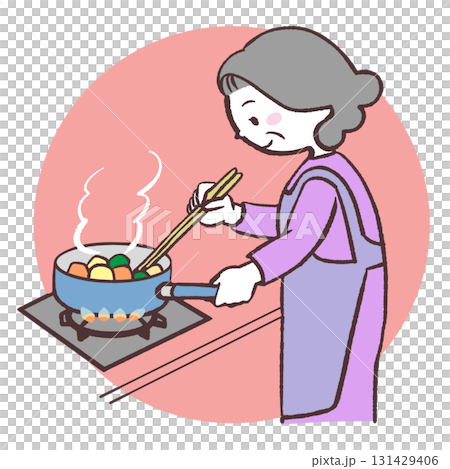 Illustration of a senior woman cooking with gas Illustration of a senior woman cooking with gas 131429406