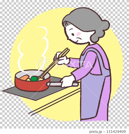 一位老年婦女在電磁爐上做飯的插圖 一位老年婦女在電磁爐上做飯的插圖 131429409