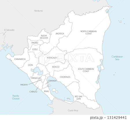 Vector map of Nicaragua with departments and autonomous regions, and neighbouring countries and territories. Editable and clearly labeled layers. 131429441