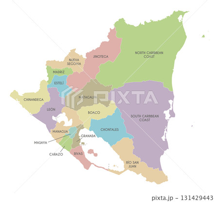 Vector map of Nicaragua with departments, autonomous regions and administrative divisions. Editable and clearly labeled layers. 131429443