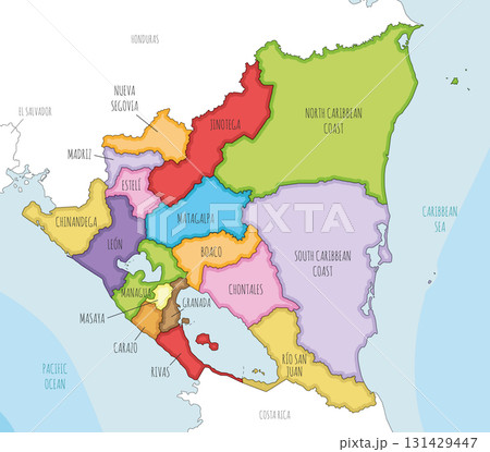 Vector illustrated map of Nicaragua with departments and autonomous regions, and neighbouring countries and territories. Editable and clearly labeled layers. Vector illustrated map of Nicaragua with departments and autonomous regions, and neighbouring countries and territories. Editable and clearly labeled layers. 131429447