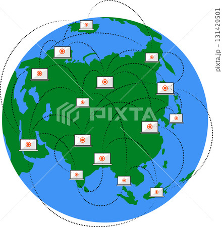 Infographic of blockchain technology with laptop computers on world map. Technology network security and crypto currency in the new economic. 131429501