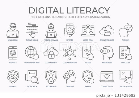 Digital literacy outline icons bundle. Identity, update, cloud safety, skills, video call and more signs. Editable stroke. Digital literacy outline icons bundle. Identity, update, cloud safety, skills, video call and more signs. Editable stroke. 131429682