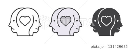 Two heads with heart icons collection, outline and filled styles. Symbol of psychology and empathy. Editable stroke for line versions. 131429683