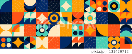 A bold geometric seamless mosaic background in blue and orange color, a brutalist pattern with a retro risograph effect in vector illustration A bold geometric seamless mosaic background in blue and orange color, a brutalist pattern with a retro risograph effect in vector illustration 131429712