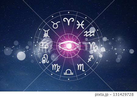 Zodiac signs, astrology and horoscopes concepts. Zodiac signs inside of horoscope circle. Astrology in the sky with many stars and moons astrology and horoscopes concept 131429728