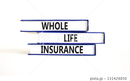 Whole life insurance symbol. Concept words Whole life insurance on beautiful blue white books. Beautiful white background. Business whole life insurance concept. Copy space. 131429850