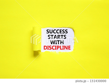 Success starts with discipline symbol. Concept words Success starts with discipline on beautiful white paper. Beautiful yellow background. Business success starts with discipline concept. Copy space Success starts with discipline symbol. Concept words Success starts with discipline on beautiful white paper. Beautiful yellow background. Business success starts with discipline concept. Copy space 131430000