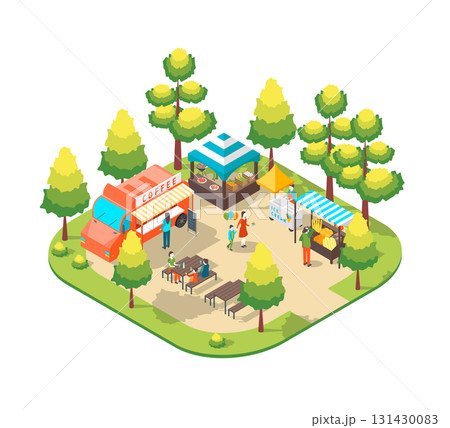 Cartoon Color Character People and Street Food Cart Park Summer Fest Concept 3d Isometric View. Vector illustration 131430083
