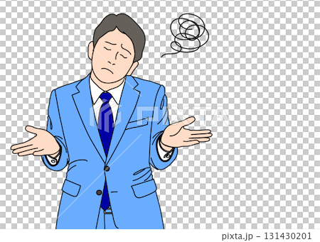 両手を広げて肩をすくめる お手上げポーズのサラリーマン男性のイラスト 上半身正面 カラー 青 131430201