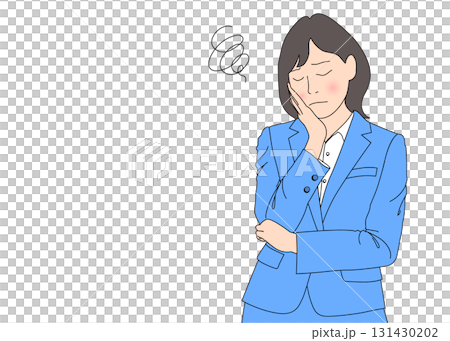 Illustration of a woman in a suit thinking with her hand on her cheek, front view, blue 131430202