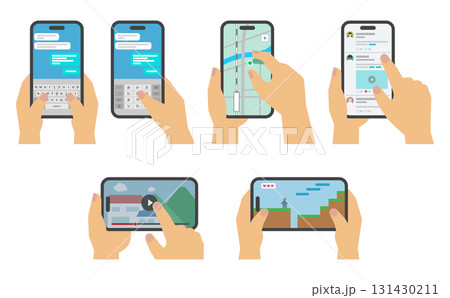 フラットイラスト:スマホ画面と操作する手セット フラットイラスト:スマホ画面と操作する手セット 131430211