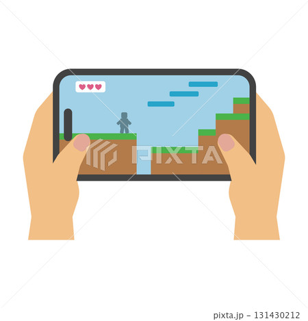 フラットイラスト:スマホ画面と操作する手(ゲーム) フラットイラスト:スマホ画面と操作する手(ゲーム) 131430212