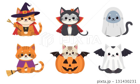 ハロウィン仮装猫イラストセット（魔女・吸血鬼・かぼちゃ・おばけ