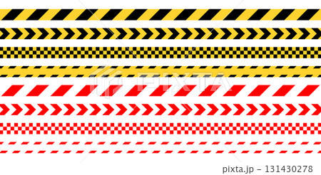 Caution tape line. Yellow and black safety stripe. Barrier for fencing the perimeter of a construction site or crime scene. 131430278
