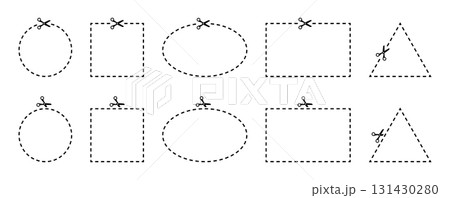 Line cut coupon with scissors. Borders with dashes of round, triangle, and rectangular shapes. Vector empty dotted frame templates for advertising design. 131430280