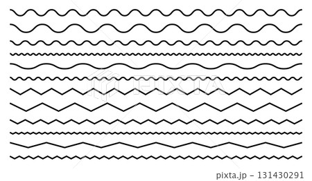 Zigzag wave line. Wiggling curved stripes. Set of vector corrugated patterns. 131430291