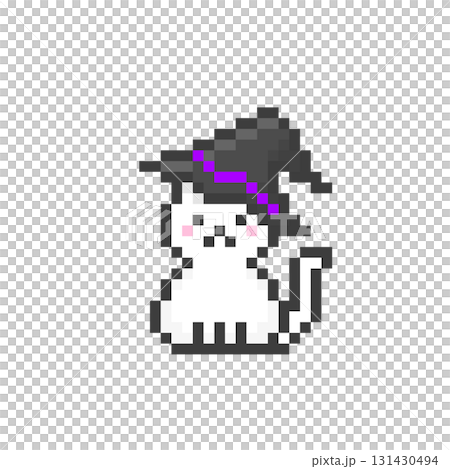 A sitting white cat wearing a pixelated witch's hat A sitting white cat wearing a pixelated witch's hat 131430494