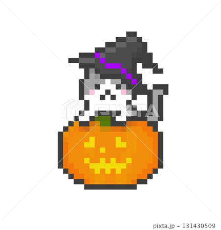 ドット絵のかぼちゃランタンに乗る魔女の帽子をかぶったハチワレ猫 ドット絵のかぼちゃランタンに乗る魔女の帽子をかぶったハチワレ猫 131430509
