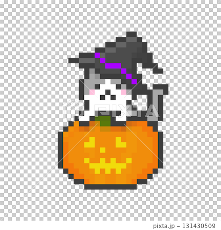 ドット絵のかぼちゃランタンに乗る魔女の帽子をかぶったハチワレ猫 ドット絵のかぼちゃランタンに乗る魔女の帽子をかぶったハチワレ猫 131430509