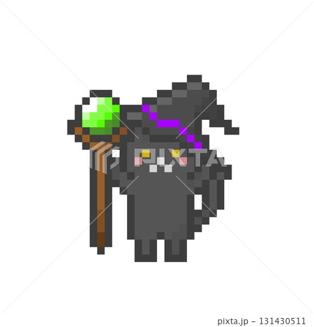 ドット絵の杖を持った魔女の帽子をかぶった黒猫 131430511