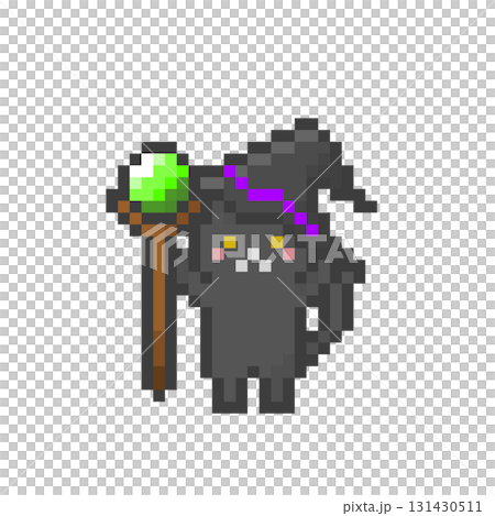 ドット絵の杖を持った魔女の帽子をかぶった黒猫 131430511