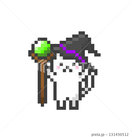 ドット絵の杖を持った魔女の帽子をかぶった白猫 ドット絵の杖を持った魔女の帽子をかぶった白猫 131430512