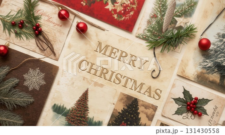Vintage Merry Christmas greeting cards with festive decorations, pine branches, and holiday ornaments 131430558
