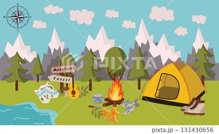 Summer camping horizontal scene with mountain landscape. 131430656
