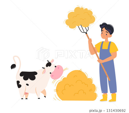 Man Farmer Character Feed Cow with Hay Vector Illustration Man Farmer Character Feed Cow with Hay Vector Illustration 131430692