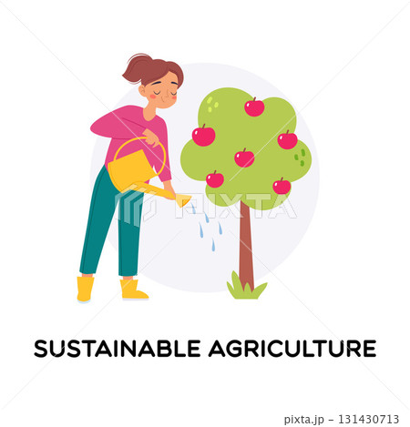 Sustainable Agriculture with Woman Water Tree as Organic Farming Vector Illustration 131430713