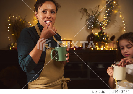 Warm Christmas Kitchen Moment: Mother Baking Gingerbread With Kids By Cozy Lights Warm Christmas Kitchen Moment: Mother Baking Gingerbread With Kids By Cozy Lights 131430774