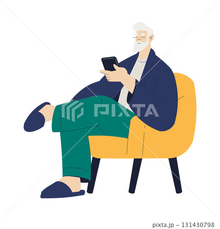 Old Man Character with Smartphone Sit in Armchair Use Internet and Modern Gadget Vector Illustration 131430798