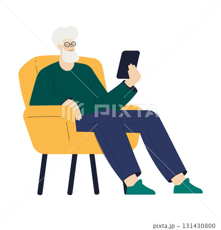 Old Man Character with Tablet Use Internet and Modern Gadget Vector Illustration Old Man Character with Tablet Use Internet and Modern Gadget Vector Illustration 131430800