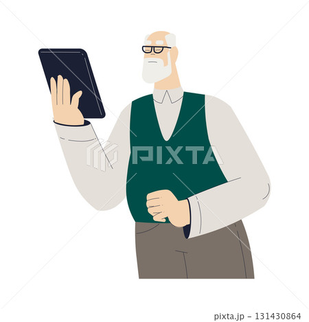 Old Man Character with Tablet Use Internet and Modern Gadget Vector Illustration 131430864