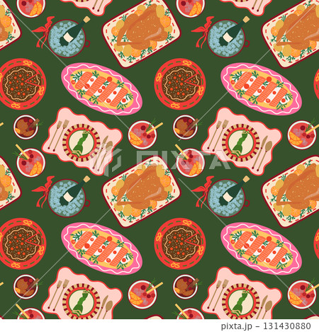 Christmas dinner vector seamless pattern. Holiday delicious food repeat design. Roasted turkey, cake dessert, cocktail drinks, salmon, champagne on dark green background. Festive meal illustration  131430880