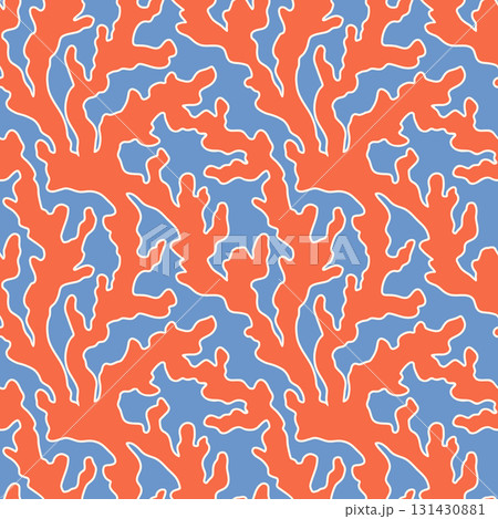 Modern abstract vector seamless pattern. Intricate wavy red coral branch shapes on blue background. Bright, bold playful repeat design tile for textile, print. Smooth irregular fluid freeform texture 131430881