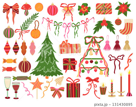 Christmas decorations vector set. Holiday illustration of gifts, bows, xmas tree, garland, ornaments, candles isolated on white background. Flat festive bright modern clipart for cards, winter design 131430895