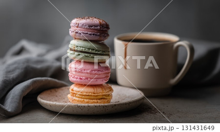 coffee and stack of colorful macarons on a pale ceramic plate 131431649