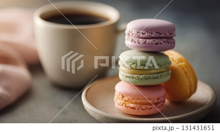 coffee and stack of colorful macarons on a pale ceramic plate 131431651